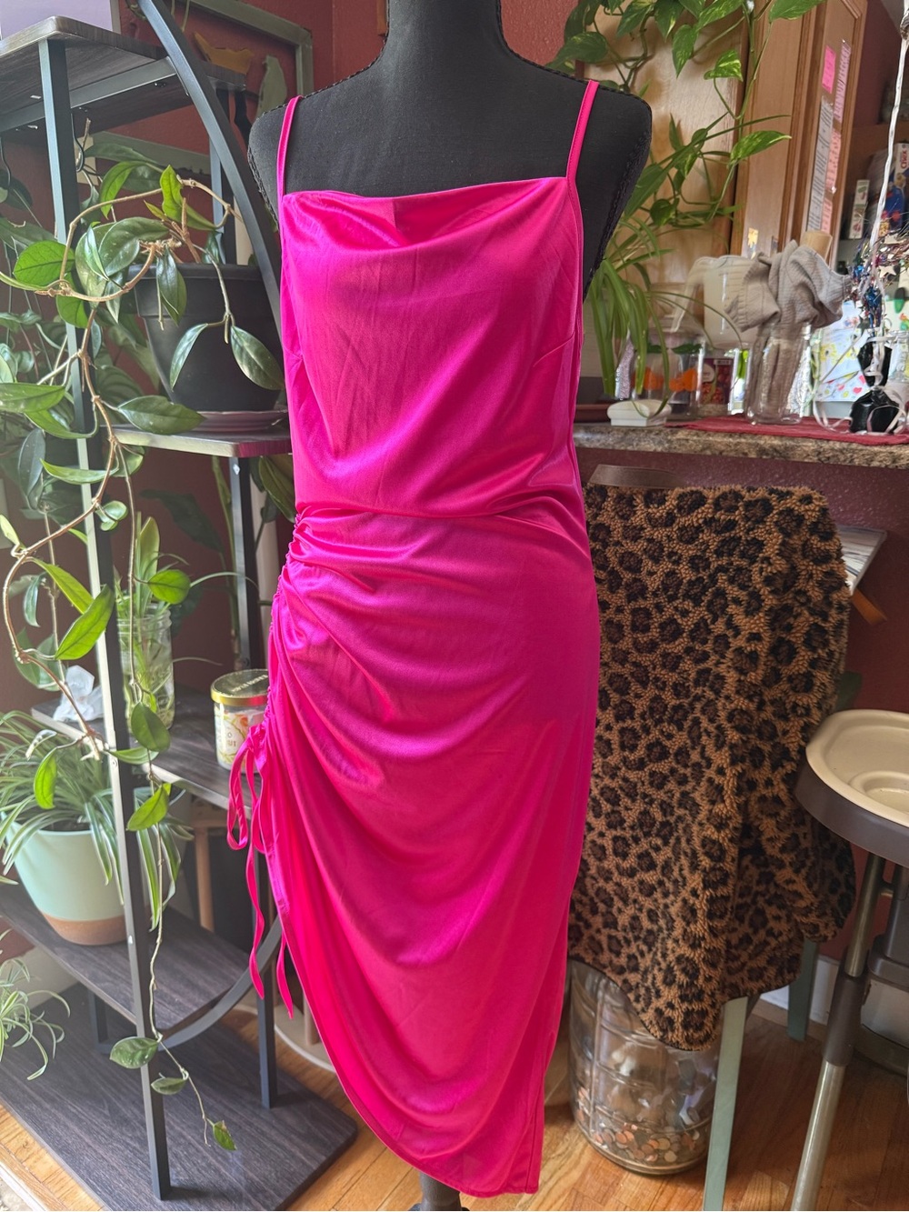 Fuchsia Cowl Neck Ruched Slip Dress - Women